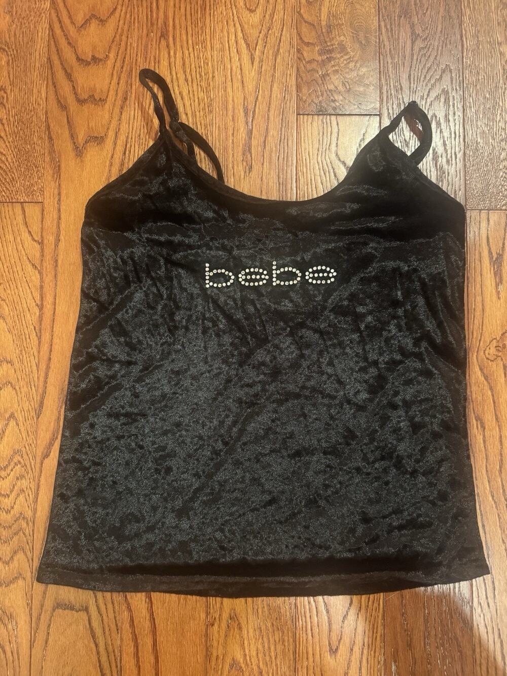 bebe Tank Womens Large Velvet Rhinestones Y2K Style McBling Bedazzled Babydoll
